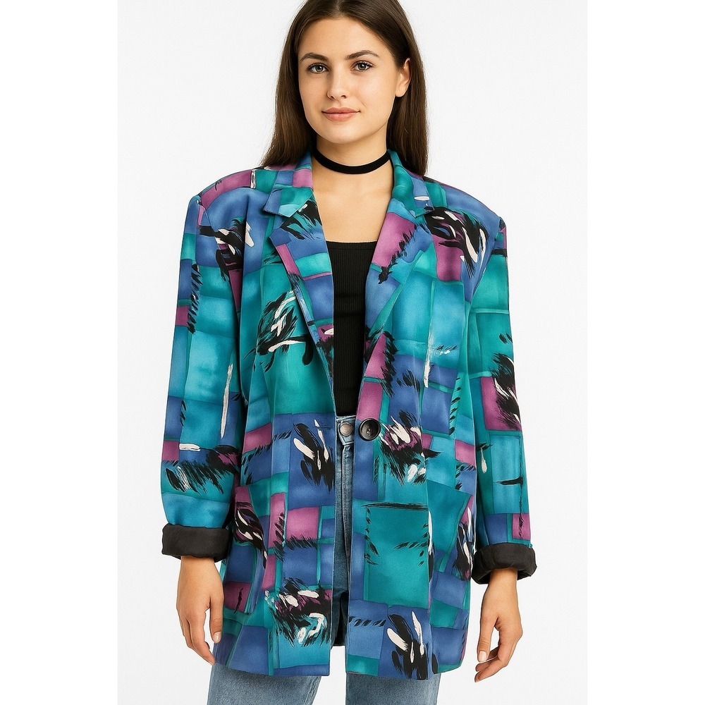 90s Vintage Women's Medium Abstract Art Jacket Blazer Boxy‎ Mod Michael Taylor